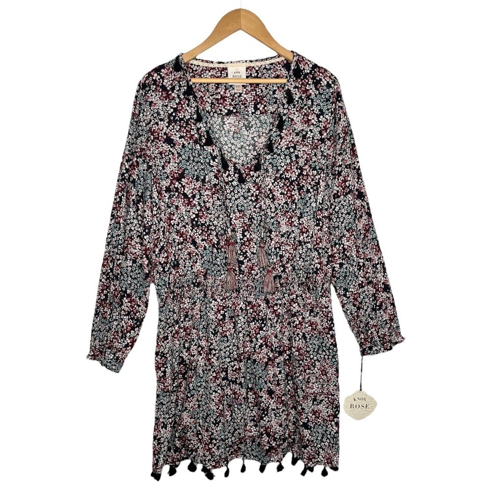 New Knox Rose Dress Womens XXL Ditsy Floral Double Tassel Trim Long Sleeve Blue